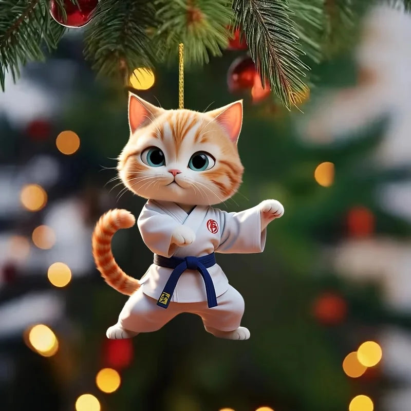 2D Cartoon Judo Kitten Keychain Cute Dressed Cat Pendant Unique Flat Acrylic Hanging Charm,Decor for Car,Bags,Festive,Party,Gift