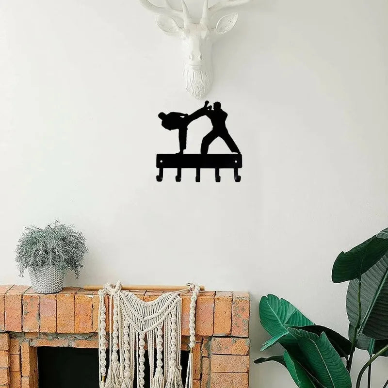 Karate Sparring Sport - Key Hooks Holder - 6 inch Wide Metal Wall Art Hook for Wall, Iron Art, Coat Hanger，Storage Rack