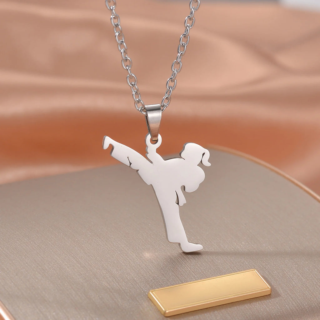 Taekwondo Kongfu Fight Figure Women Pendant Necklace Stainless Steel Karate Fight Chain Necklace Jewelry for Sportsman